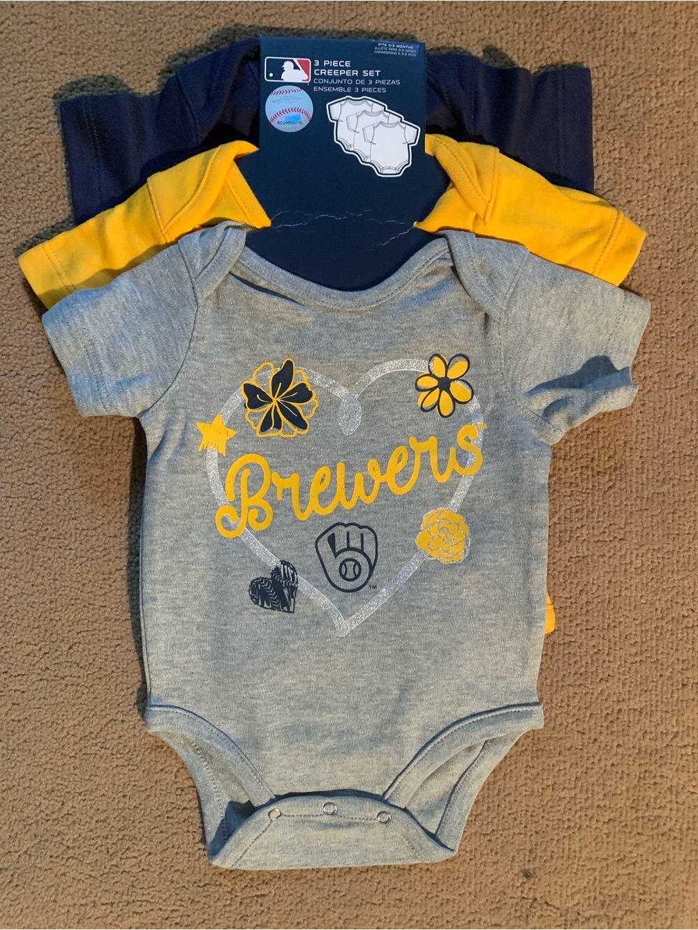 MLB Milwaukee Brewers Baby Girls Grey, Yellow and Navy 3-Pack Onesies